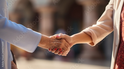 Old woman and young woman holding hands