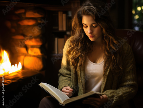 beautiful young woman enjoy reading a book by the fireplace on a winter evening