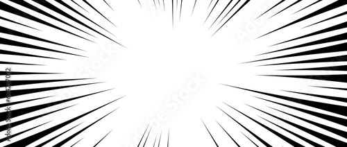 Radial speed lines background. Comic book explosion lines wallpaper. Abstract black and white flash frame design. Manga or anime cartoon light ray or beam burst. Vector blast or bang effect