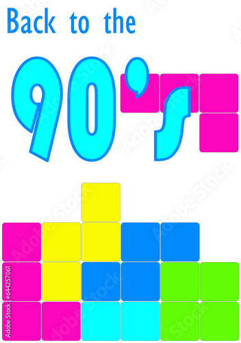 Template with 90s theme and copy space. Puzzle video game with colorful falling blocks on a white background. Vector illustration.