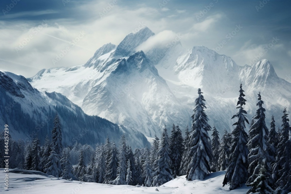 Winter wonderland with snowy trees and massive mountain. Generative AI