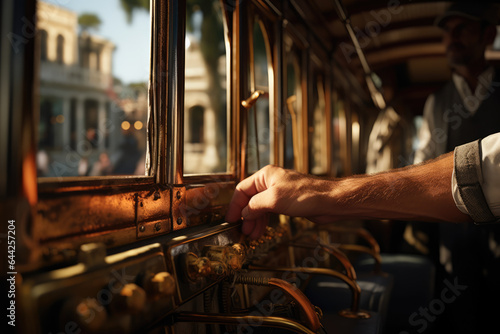 A close-up of a person's hand operating a historic cable car, a mode of urban transit in hilly cities. Generative Ai.