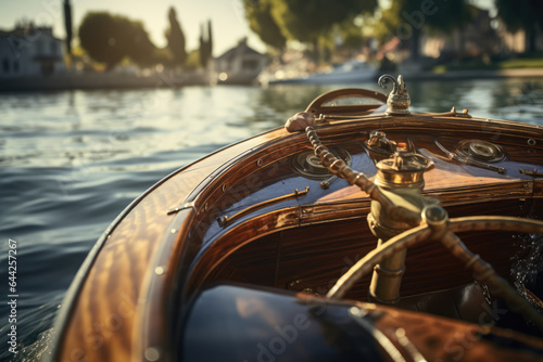 A close-up of a person's hand steering a vintage wooden speedboat, a symbol of leisurely water transport. Generative Ai.