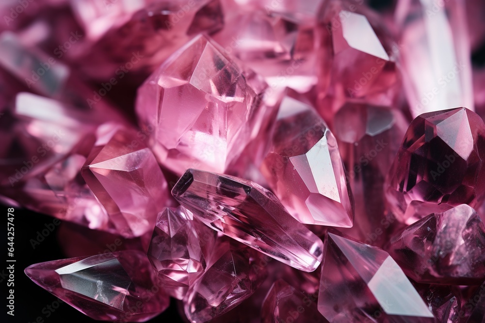 a close up of a bunch of pink crystals on a black background