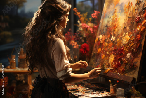 An artist captures the essence of autumn by painting a landscape awash in the warm tones of the season. Concept of Creative Inspiration. Generative Ai.