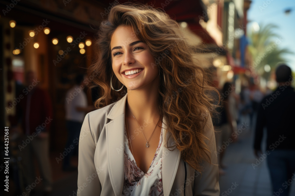A businesswoman smiles as she takes a selfie in front of a landmark, sharing her experiences with colleagues while on a A businesswoman smiles as she takes a selfie in front of a landmark, sharing her experiences with colleagues while on a