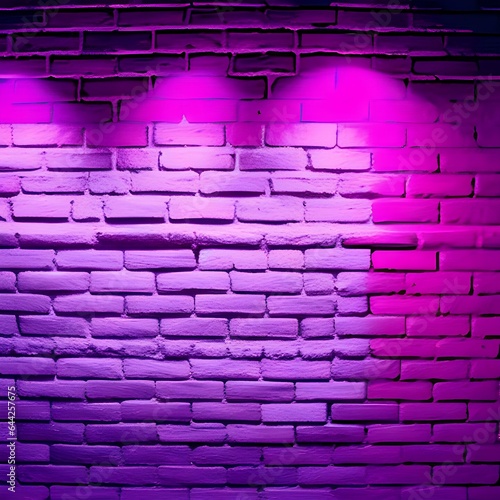 Neon light on an old brick wall. Close-up. Purple magenta background with space for design. Empty. Lighting effect. Grunge backdrop. 