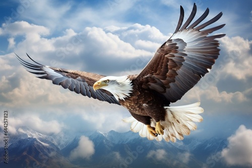 An eagle flies over fluffy clouds. Generative AI
