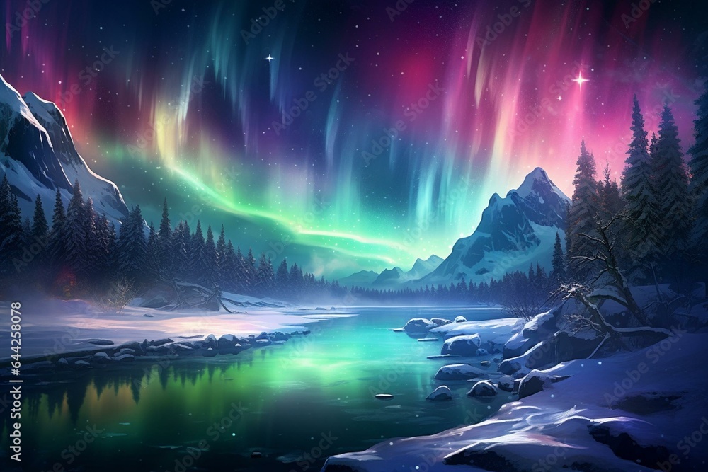 Enchanting winter scenery with aurora-like lights reflecting on water and snowy landscape. Generative AI