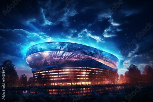 A technology-created football stadium with illuminated sky. Generative AI