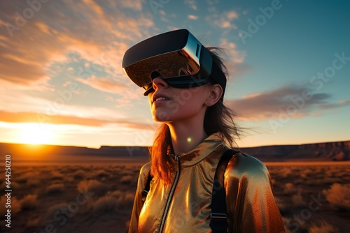 An attractive person wearing virtual reality headset, exploring nature with digital adds
