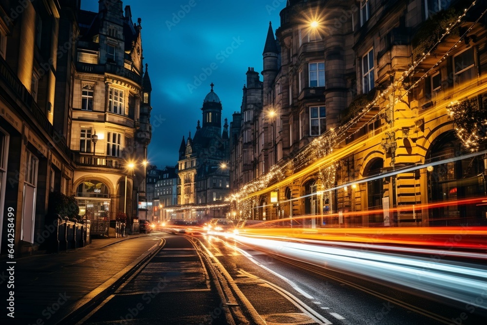 Night view of Victoria Street in Edinburgh. Generative AI