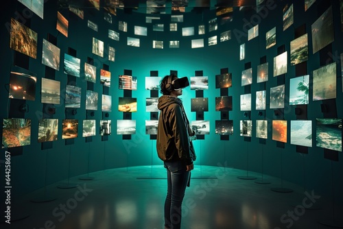 a man wearing virtual reality glasses visits a museum of digital art, paintings and modern sculpture