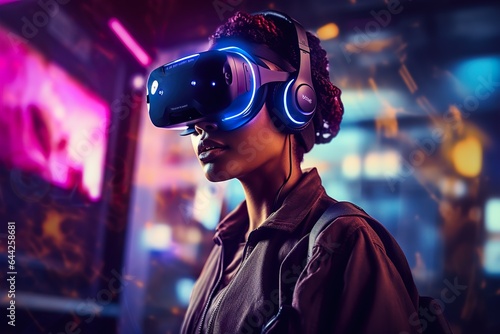 A person wearing virtual reality glasses, exploring metaverse world of digital art © Oleksandr Kozak