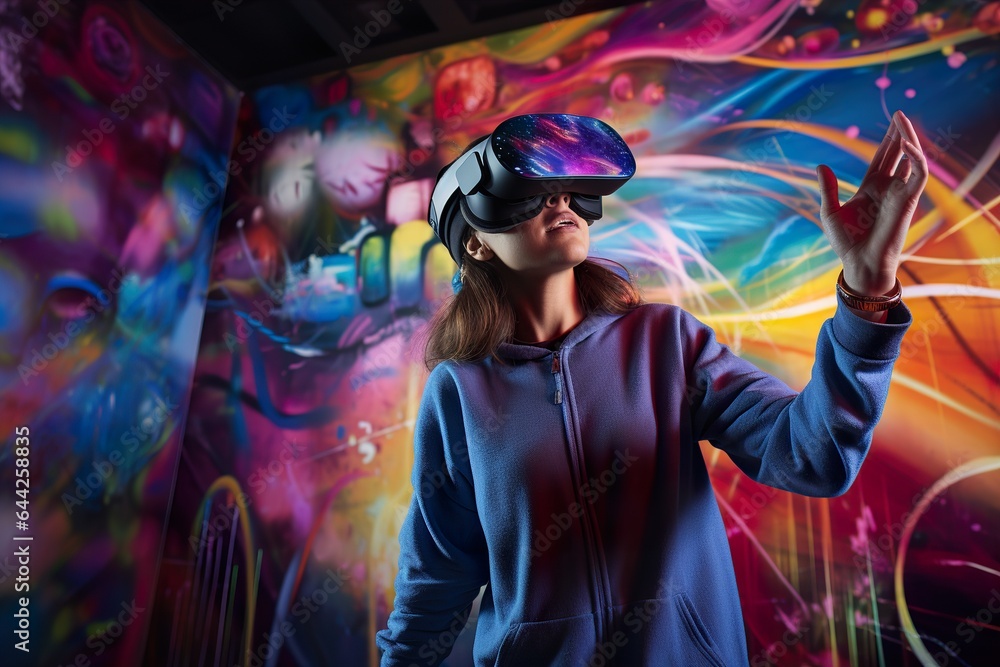 An attractive woman wearing virtual reality glasses, exploring metaverse world of digital art