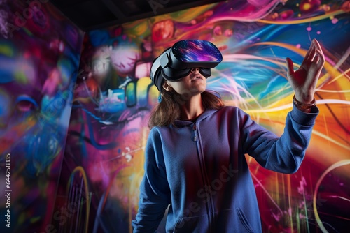 An attractive woman wearing virtual reality glasses, exploring metaverse world of digital art