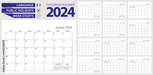 French calendar planner for 2024. French language, week starts from Monday.