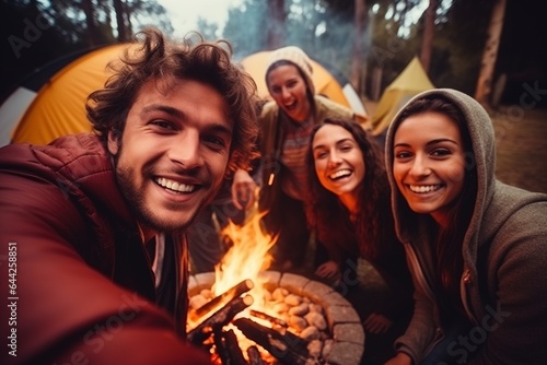 fun joy good mood, selfie of friends outside camping with a tent and campfire in free time, trip travel adventure