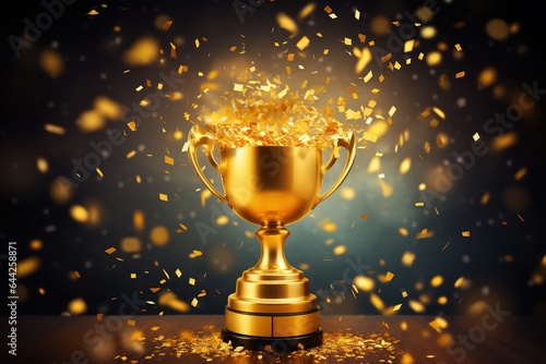 Golden award trophy with splashing confetti