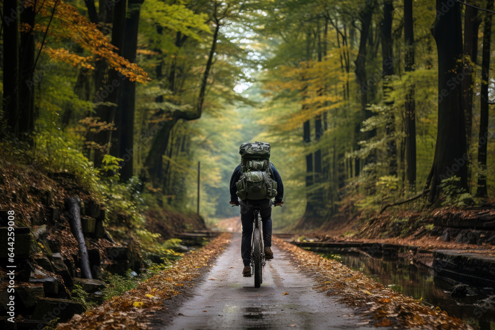 Obraz premium A cyclist navigates a scenic trail that winds through a forest, showcasing the accessibility of outdoor adventure in the neighborhood. Generative Ai.