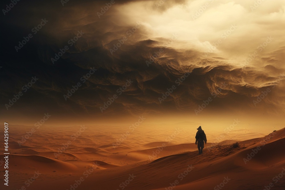 Intense sandstorm in desert, digital background art. Generative AI