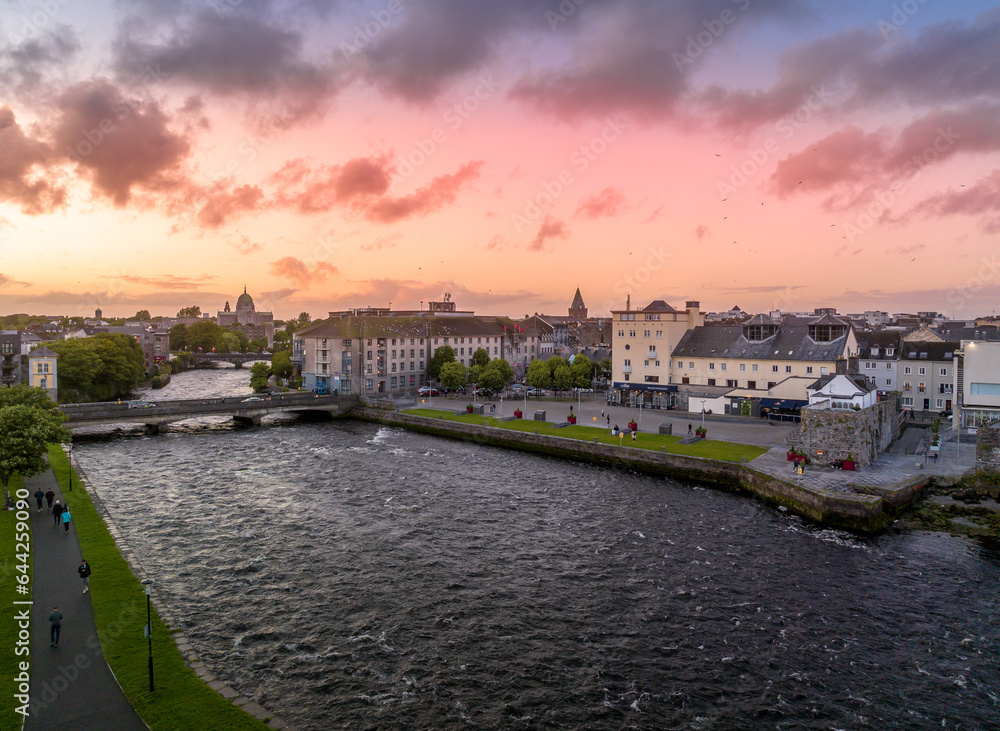 Aerial sunset panorama of Galway, harbor city on Ireland’s west coast River Corrib, Spanish Arch, Wolfe Tone Bridge and Latin Quarter