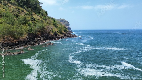 Wallpaper Mural Drone view The beauty of the beach with cliffs, waves and trees on Karang Agung beach, Kebumen, Central Java, Indonesia Torontodigital.ca