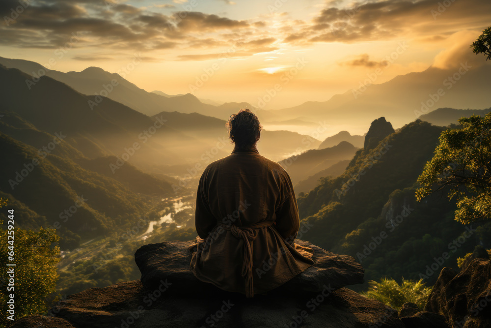 A traveler practices mindfulness meditation on a serene hilltop, embracing the connection between breath and nature's rhythm. Generative Ai.
