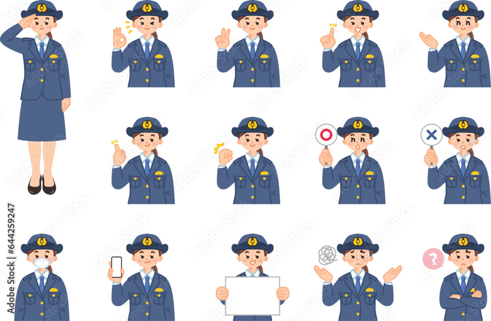 Fototapeta premium 女性警察官 表情とジェスチャーのイラスト素材セット