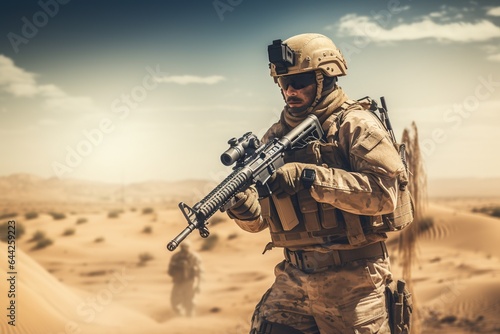 soldier in squad in uniform with a gun in a war zone similar to a desert region with sand and dust and bright sunlight during the day
