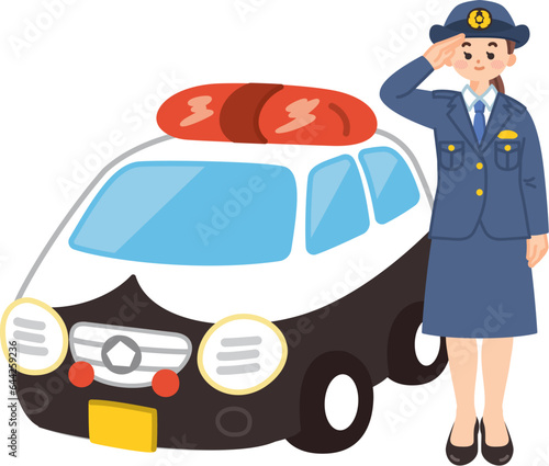 パトカーの前で敬礼する女性警察官