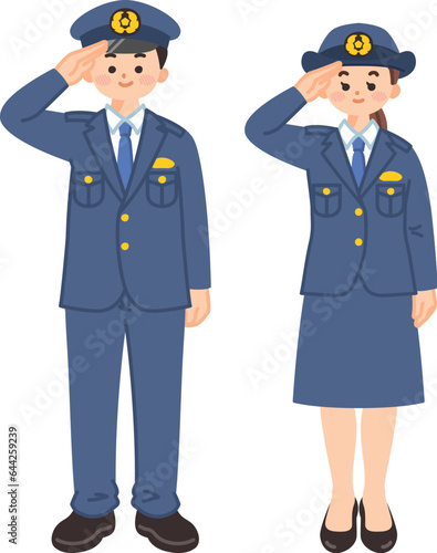敬礼する警察官の男女