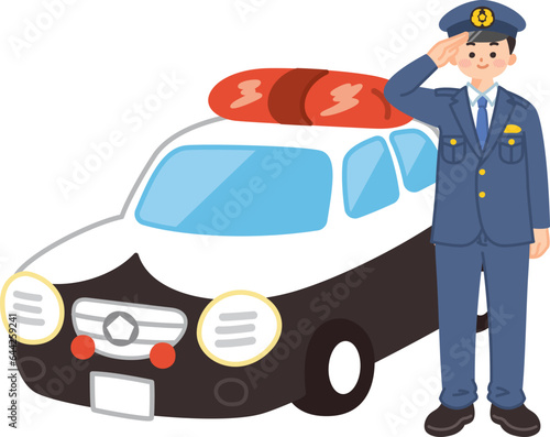 パトカーの前で敬礼する男性警察官