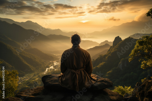 A traveler practices mindfulness meditation on a serene hilltop, embracing the connection between breath and nature's rhythm. Generative Ai. © Sebastian