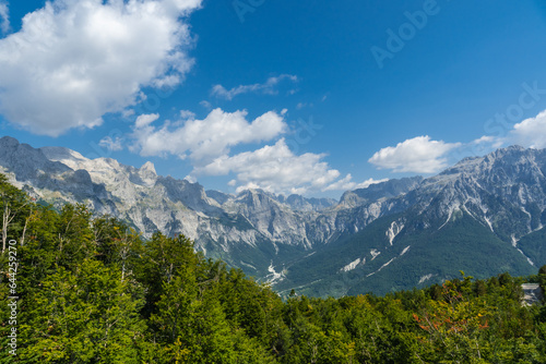 Panoramic view of the valley peaks of Theth National Park, Albania. Albanian Alps