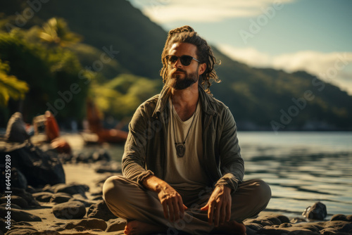 A person practices deep breathing exercises on a tranquil beach, illustrating the power of mindfulness in managing stress. Generative Ai.