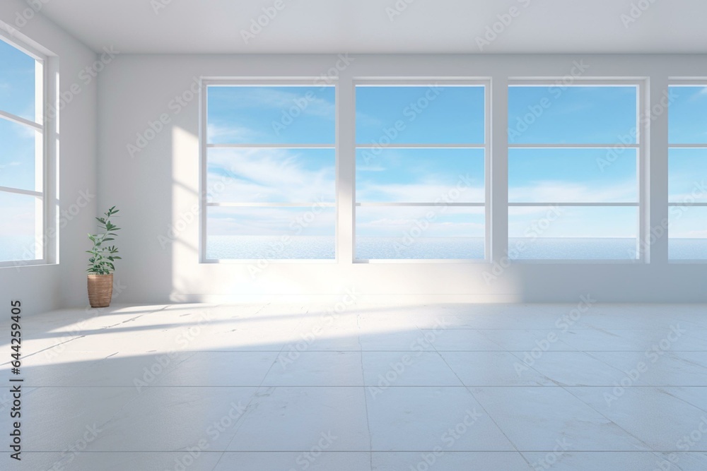 A well-lit white room featuring a window and empty floor in high-definition environment map. Generative AI