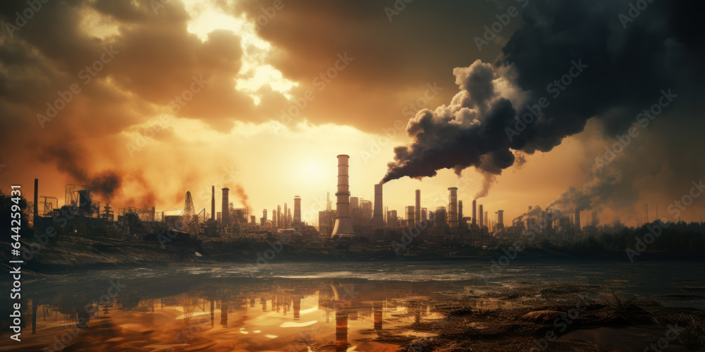 Factory emitting smoke, plant pipes pollute atmosphere, industry theme