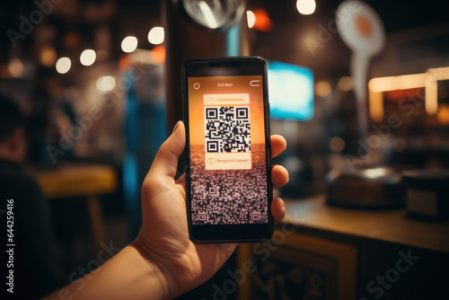 A close-up of a person\'s hand scanning a QR code to make a cryptocurrency payment, showcasing the convenience of digital transactions. Generative Ai.