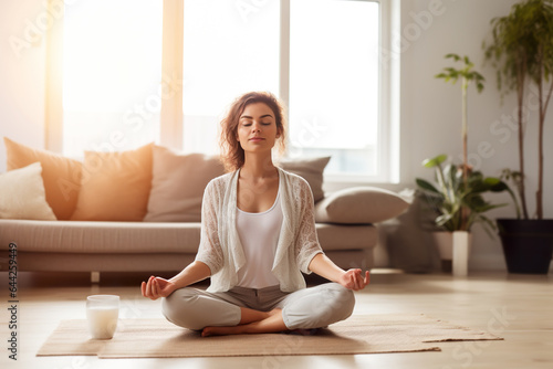 Young pretty woman meditating on floor in living room, yoga at home