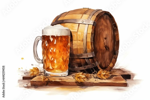 Watercolor illustration of beer barrel and ale mug, ideal for brewery and pub concept. Generative AI photo