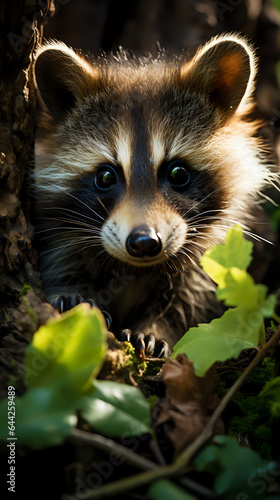 cute raccoon peeking out from behind a tree trunk