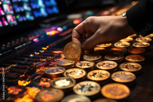 A close-up of a person's hand selecting a cryptocurrency to trade on a digital exchange, highlighting the variety of available options. Generative Ai.