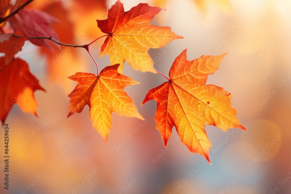 Autumn leaves on a branch. Background with selective focus and copy space