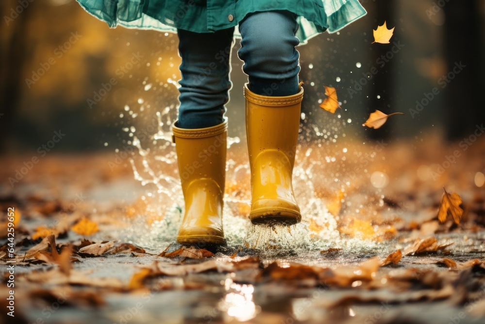 Happy children jumping through puddles in autumn. Background with selective focus Happy children jumping through puddles in autumn. Background with selective focus