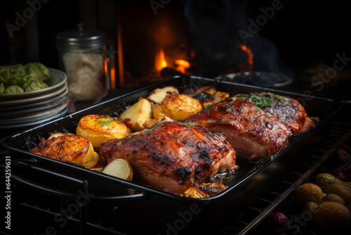 Christmas food, baked pork. Preparing for a festive dinner. Merry christmas and happy new year concept.