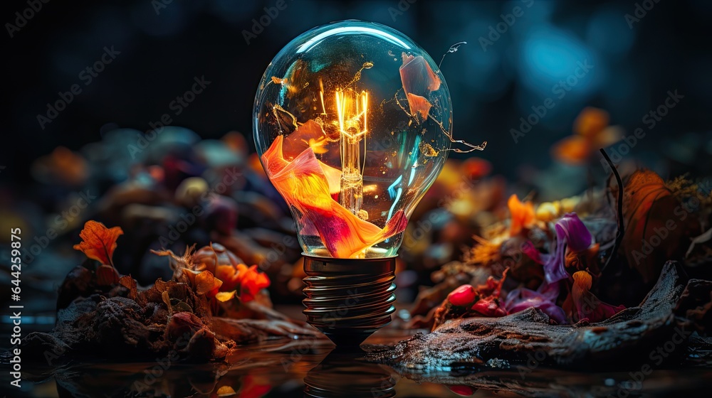 An image of a light bulb breaking into a symphony of colors. - obrazy, fototapety, plakaty 