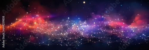 An image of a network grid with multi-colored particles elegantly connected to each other.