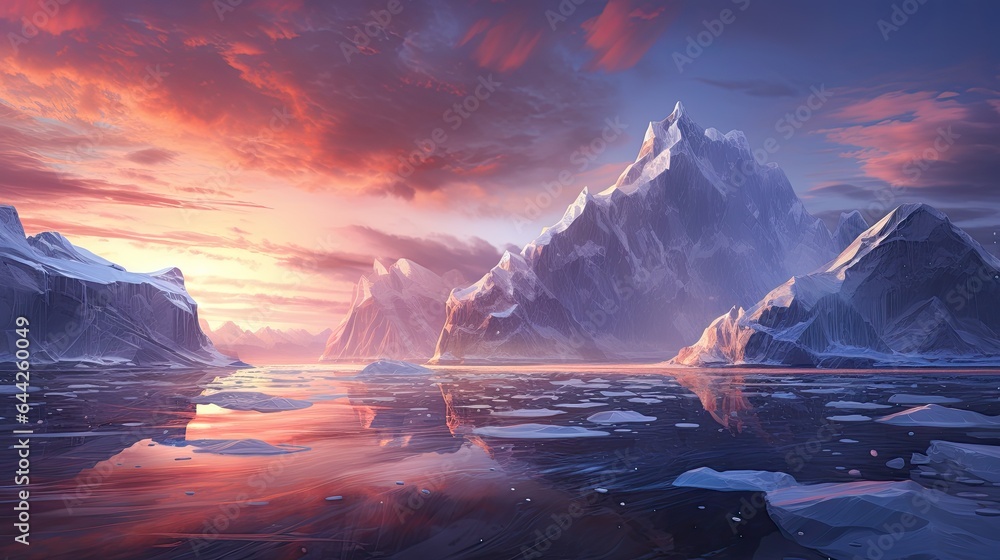 Image of an iceberg against the backdrop of a spectacular polar sunset.