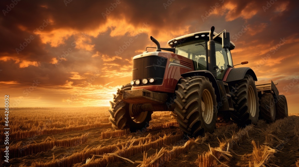 Image of a tractor working in the field against the background of the setting sun. Image of a tractor working in the field against the background of the setting sun.